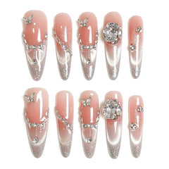 Pink Purple Gradient Pearl Zircon Press On Nails