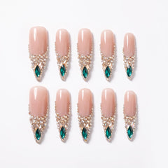 Nude Champagne Emerald Swarovski Crystal Long Coffin Press On Nails