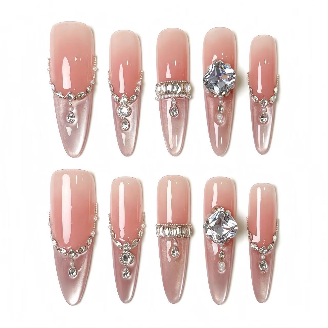 Nude Pink Polka Dot Full Diamond Press On Nails