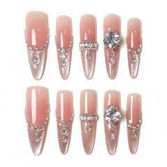 Nude Pink Polka Dot Full Diamond Press On Nails