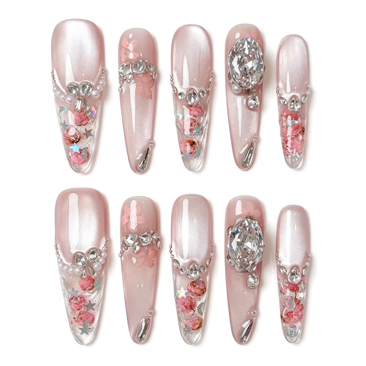Full Diamond Crushed Diamond Silver Glitter Press On Nails
