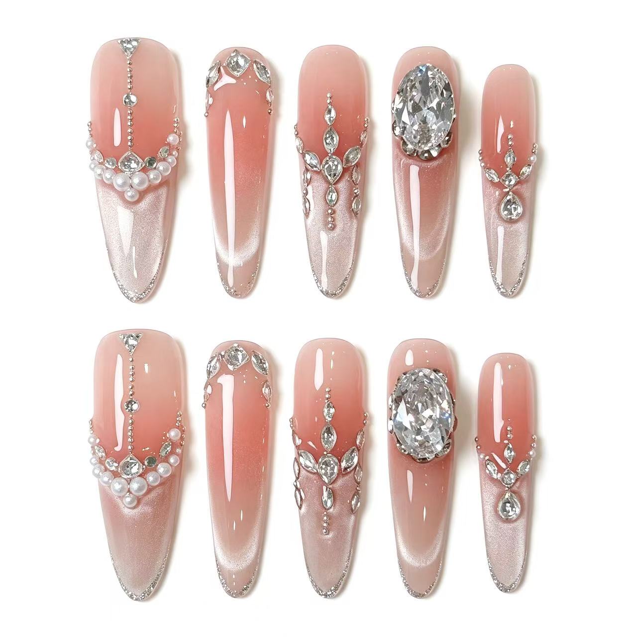 Cherry Blossom Crushed Diamond Pearl Press On Nails