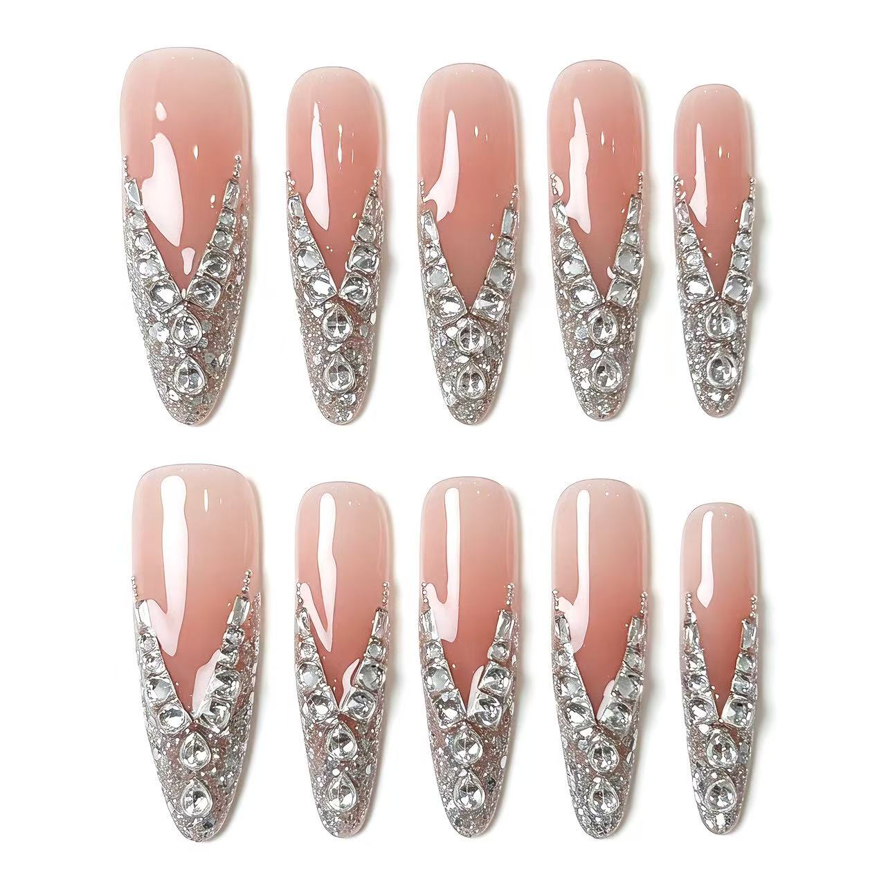 Pearl Zircon Silver Glitter Press On Nails