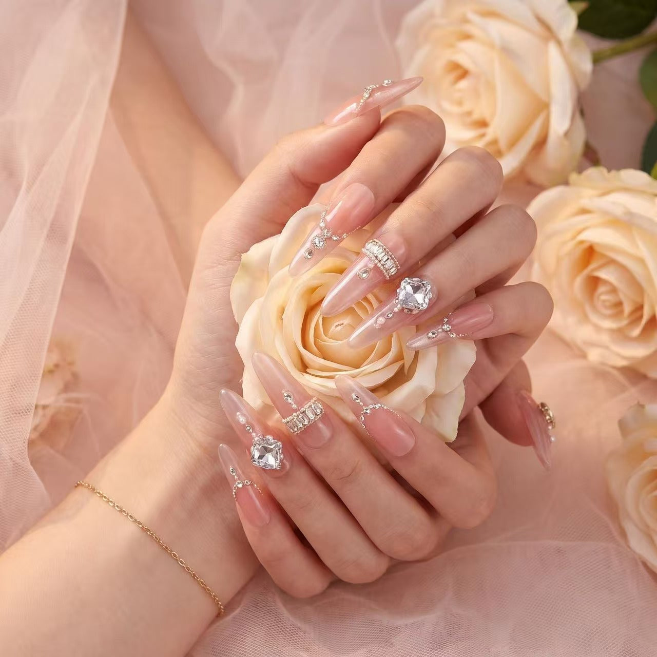 Nude Pink Polka Dot Full Diamond Press On Nails