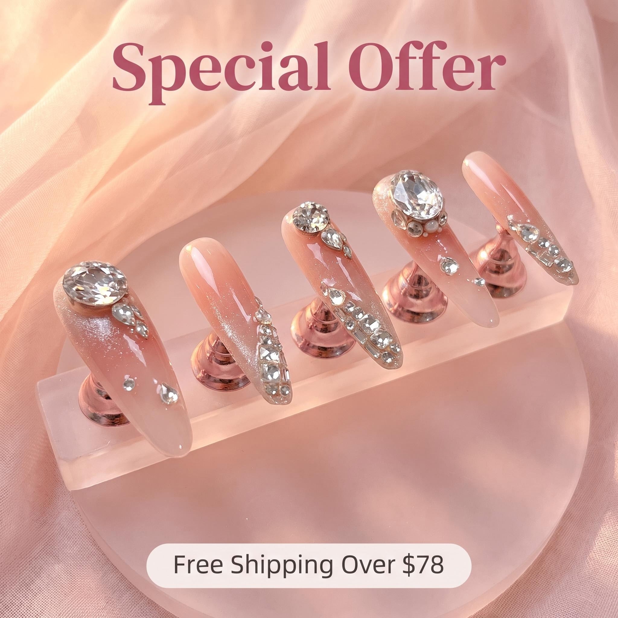 Silver Pink Gradient Pearl Zircon Press On Nails