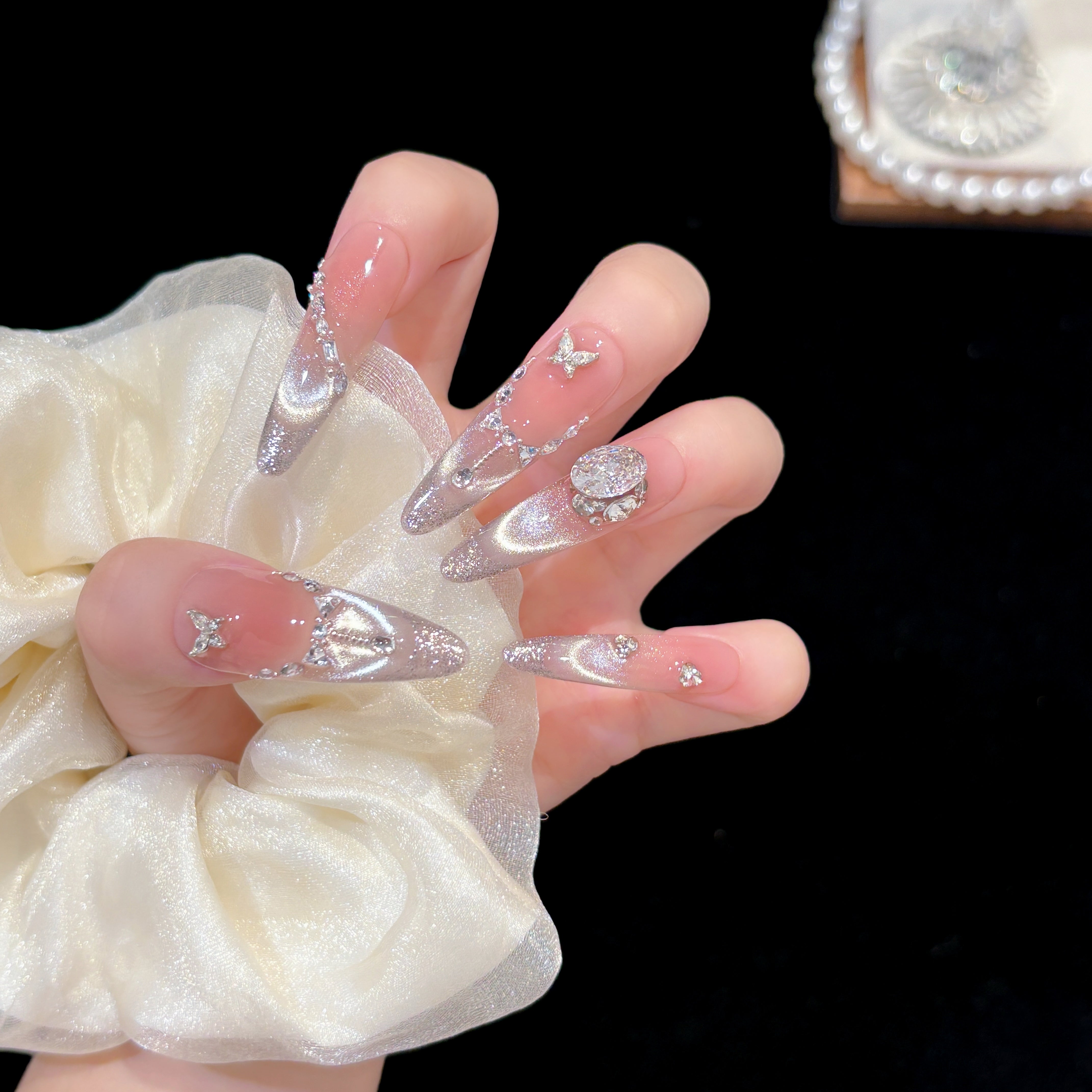 Pink Purple Gradient Pearl Zircon Press On Nails