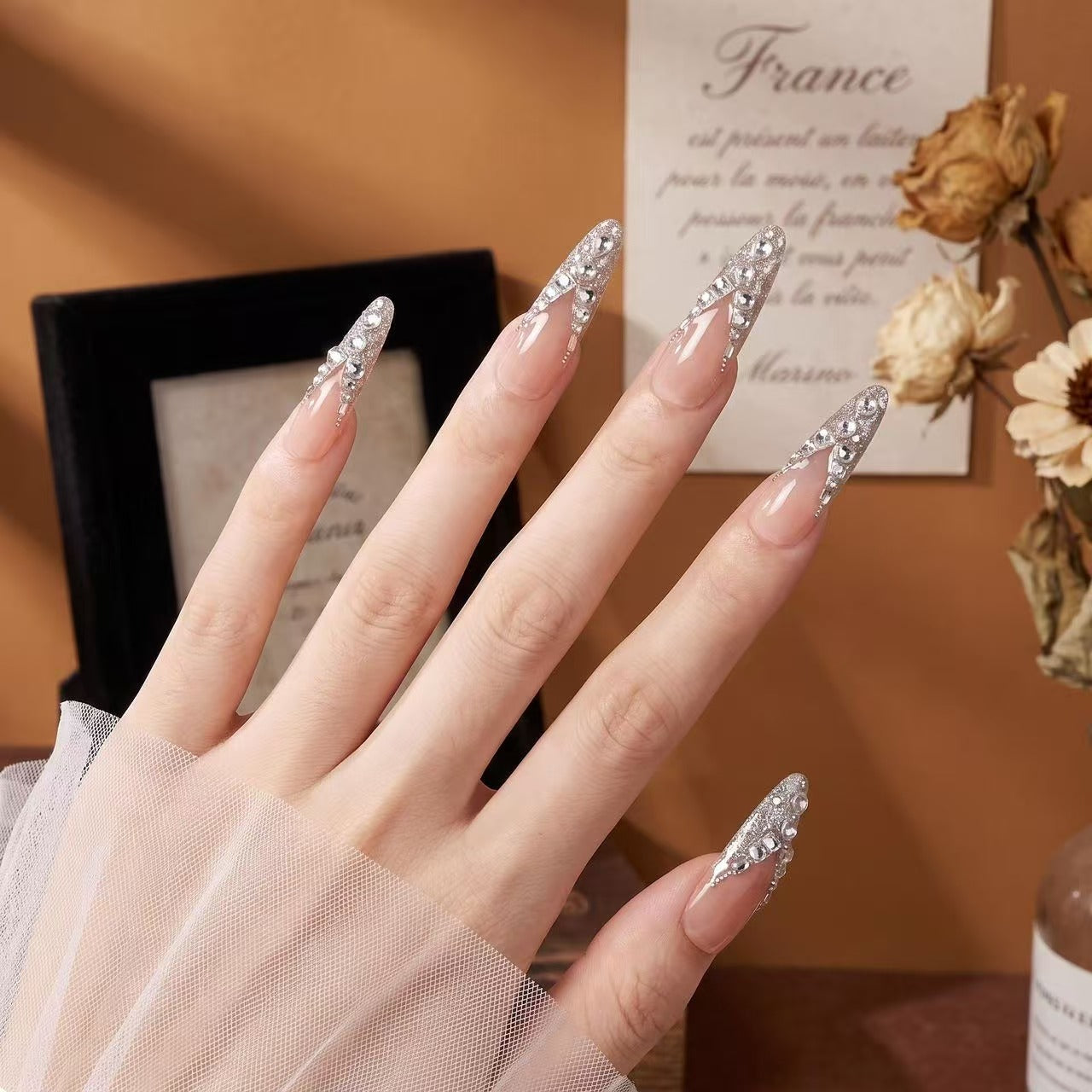 Pearl Zircon Silver Glitter Press On Nails