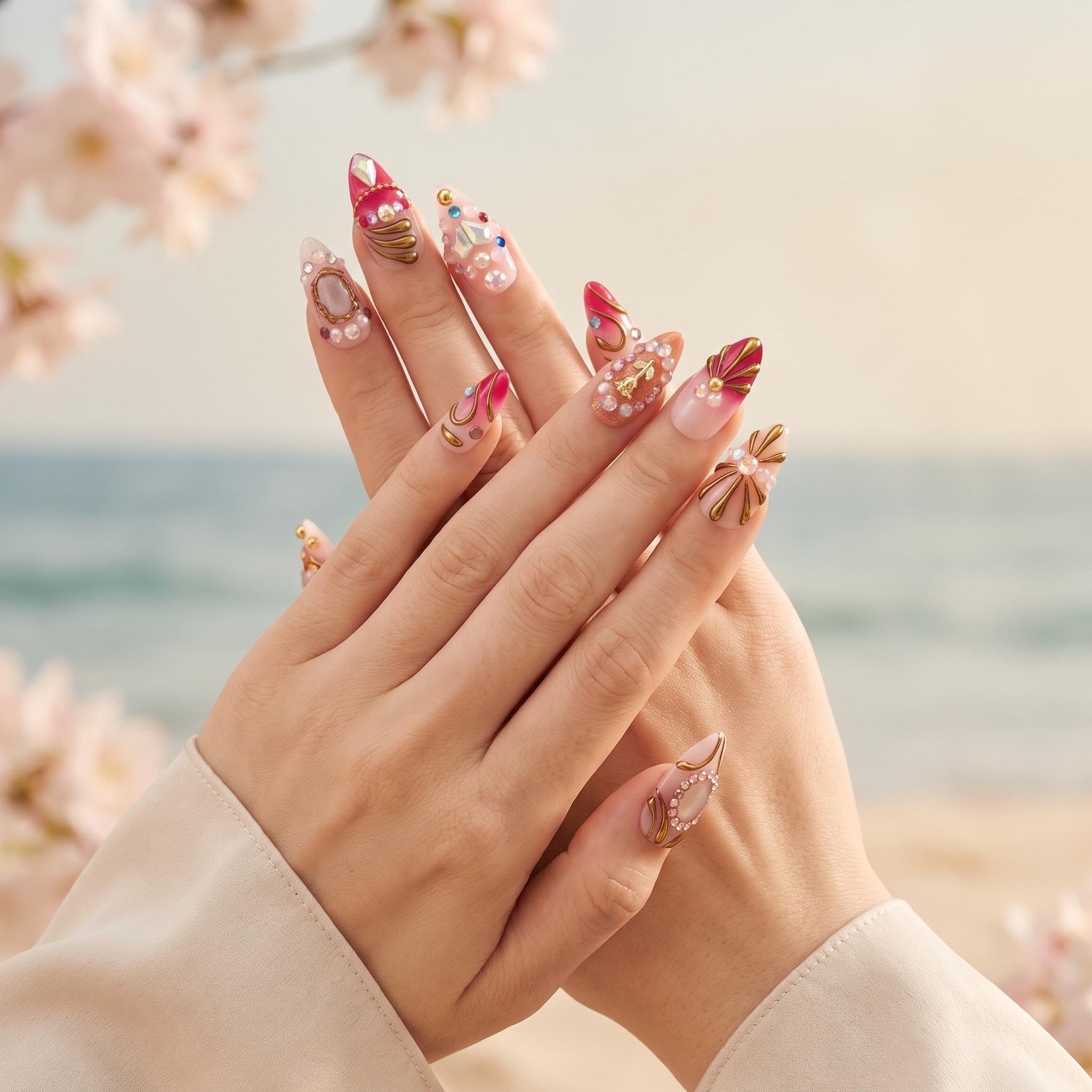 Red Brown Polka Dot White Flower Press On Nails