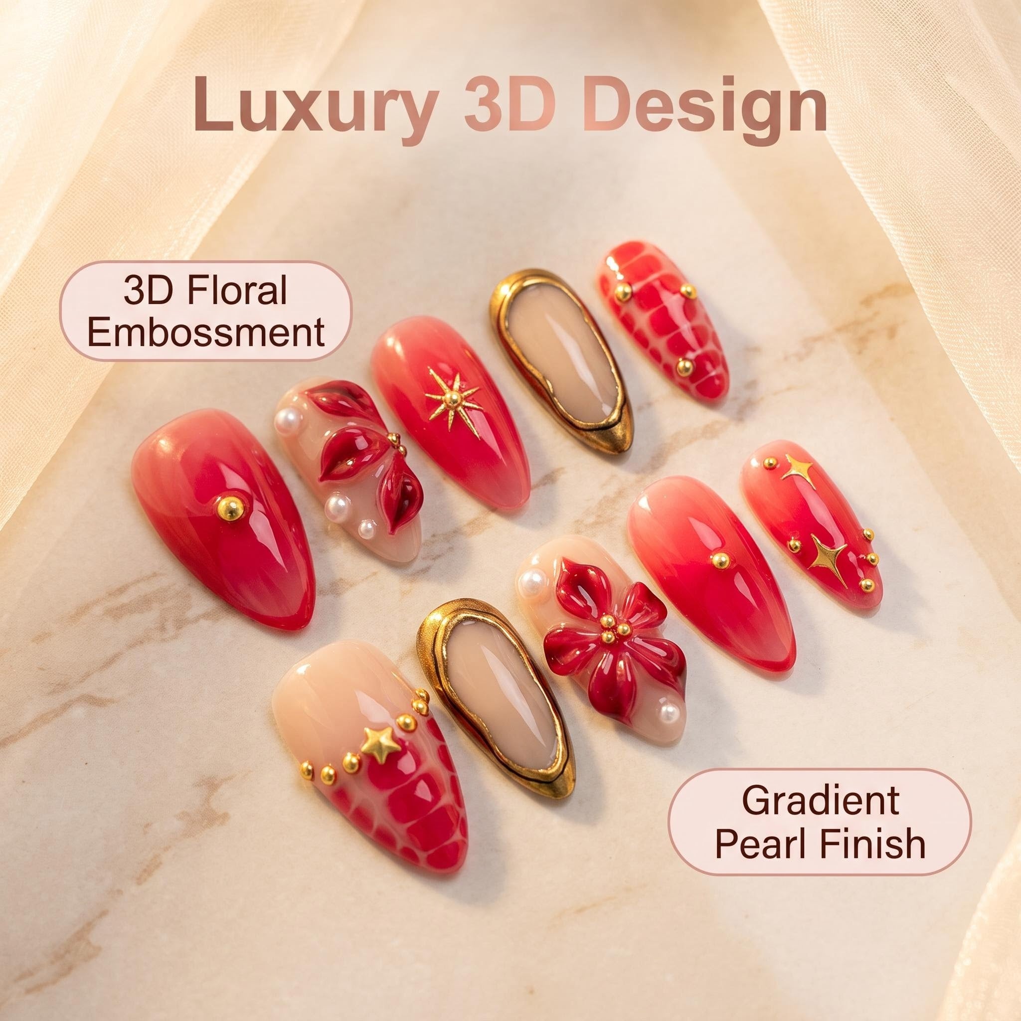 Blue Gold Gradient Carved Press On Nails