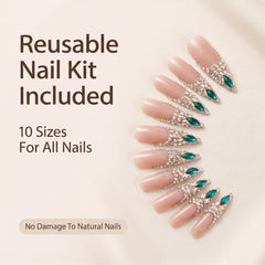 Nude Champagne Emerald Swarovski Crystal Long Coffin Press On Nails