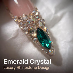 Nude Champagne Emerald Swarovski Crystal Long Coffin Press On Nails