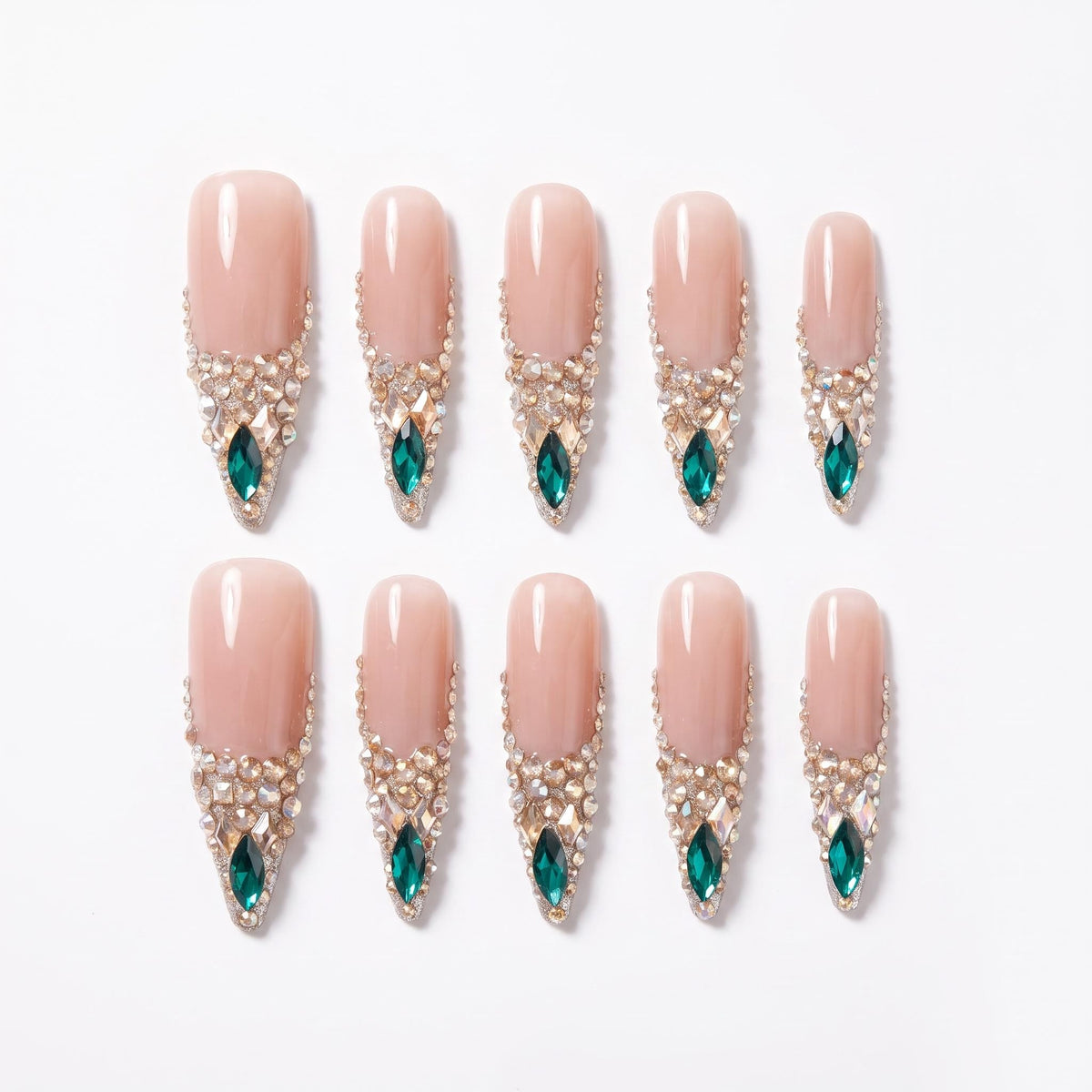 Nude Champagne Emerald Swarovski Crystal Long Coffin Press On Nails
