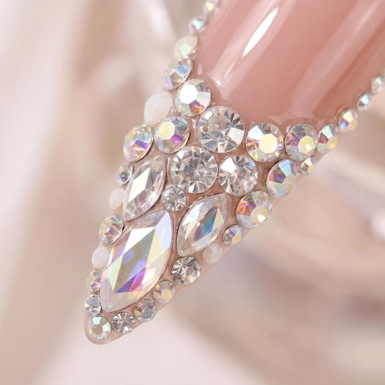 Nude Champagne Full Swarovski Crystal Tip Stiletto Press On Nails | Luxury Bridal Reusable False Nails