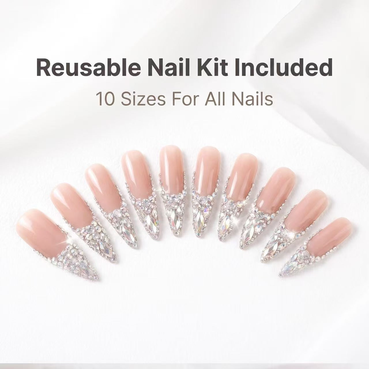 Nude Champagne Full Swarovski Crystal Tip Stiletto Press On Nails | Luxury Bridal Reusable False Nails