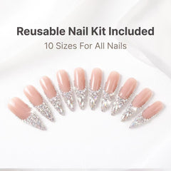 Nude Champagne Full Swarovski Crystal Tip Stiletto Press On Nails | Luxury Bridal Reusable False Nails