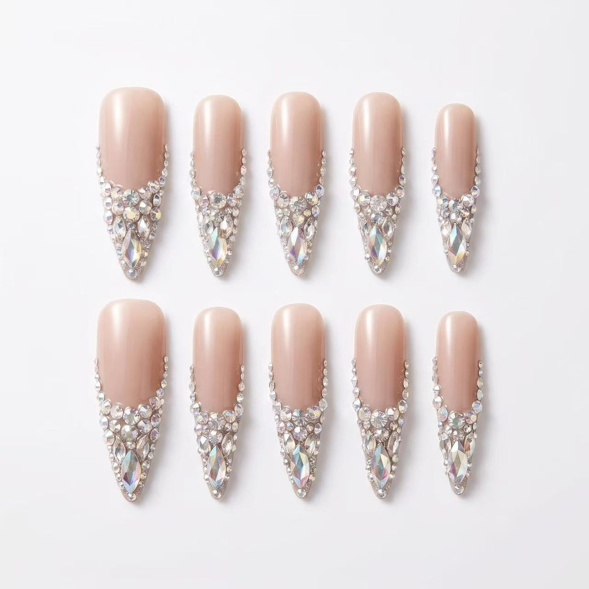 Nude Champagne Full Swarovski Crystal Tip Stiletto Press On Nails | Luxury Bridal Reusable False Nails