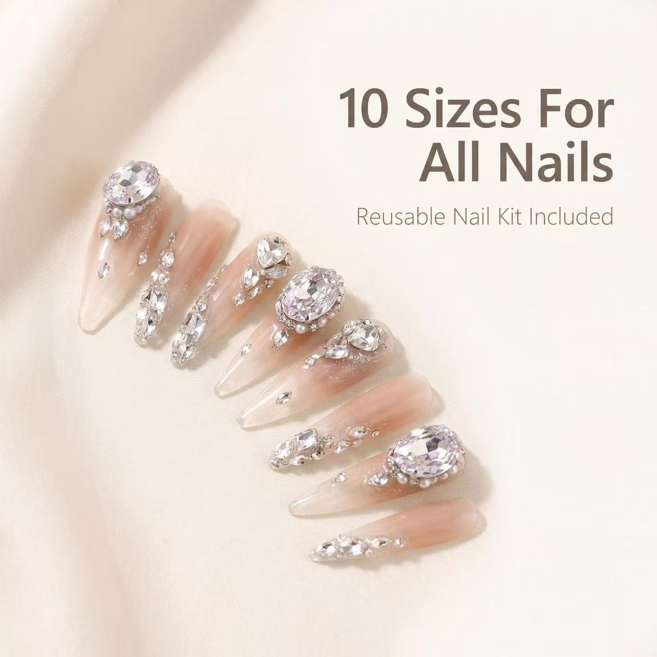Nude Pink Gradient Big Swarovski Crystal Stiletto Press On Nails | Luxury Wedding Reusable False Nails