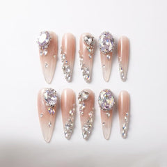 Nude Pink Gradient Big Swarovski Crystal Stiletto Press On Nails | Luxury Wedding Reusable False Nails
